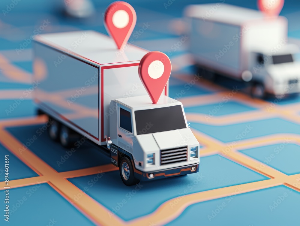 Poster logistics manager overseeing vehicle routes on travel map, emphasizing drop points and transportatio
