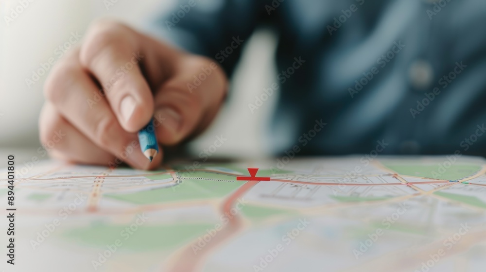 Poster efficient logistics planning, manager strategizing optimal package drops along travel routes, logist