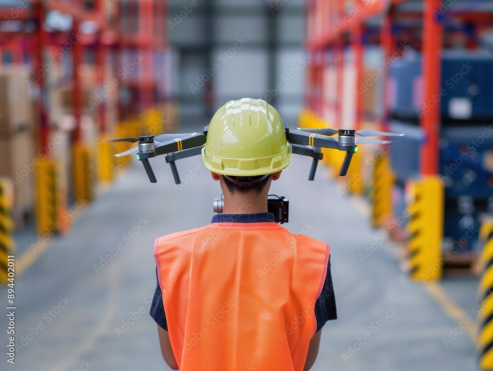 Poster innovative logistics management, a manager oversees drone operations for efficient travel route moni