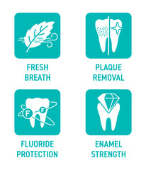 Toothpaste square icons - Fresh breath, Plaque removal, Fluoride protection, Enamel strength
