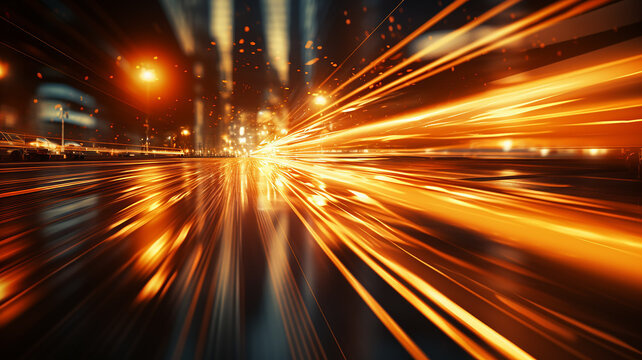 golden beams of light from headlights in blurry zoom traffic in the night city, traffic speed abstract background nightlife