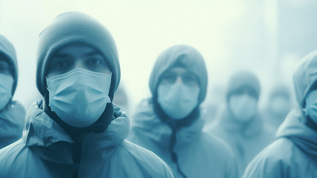 epidemic, a group of people wearing medical masks on their face, abstract blurred background - Powered by Adobe
