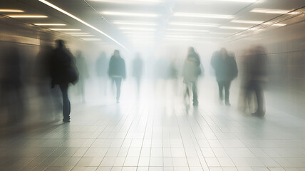 train station background concept passenger transport, foggy silhouettes in motion blur, gloomy atmosphere depressive mood
