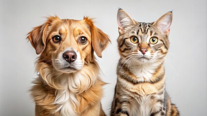 Obraz premium Adorable cat and dog duo sitting side by side, gazing directly at camera with curious and playful expressions.