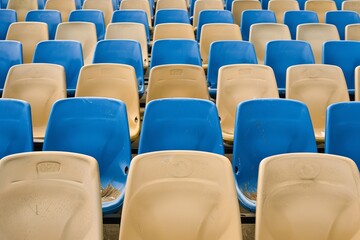 Close-up taken of empty blue stadium seats with no people around. Beautiful simple AI generated image in 4K, unique.