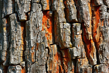 Obraz premium close-up of textured tree bark with rich orange and gray tones highlighting the rugged natural patterns