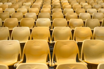 Fototapeta premium Close-up taken of empty blue stadium seats with no people around. Beautiful simple AI generated image in 4K, unique.