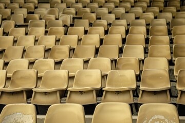 Naklejka premium Close-up taken of empty blue stadium seats with no people around. Beautiful simple AI generated image in 4K, unique.