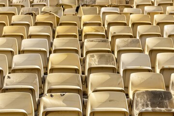 Naklejka premium Empty snow-covered stands of the stadium. Beautiful simple AI generated image in 4K, unique.
