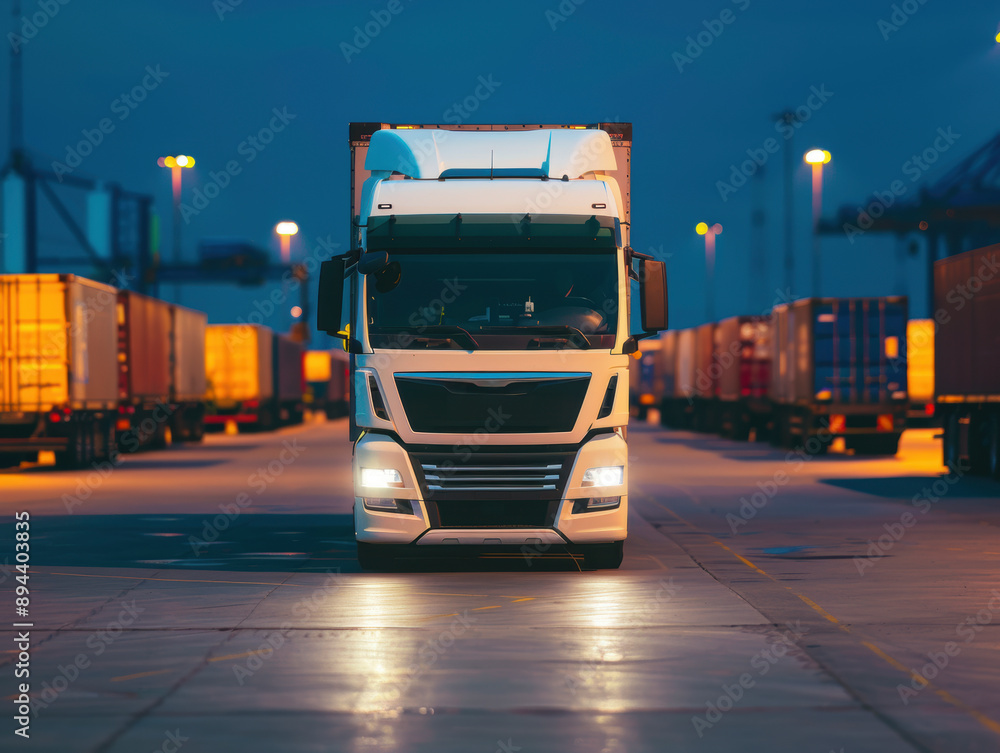 Poster nighttime port operations, trucks loading cargo under bright industrial lights, expansive view with 