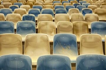 Naklejka premium Close-up taken of empty blue stadium seats with no people around. Beautiful simple AI generated image in 4K, unique.