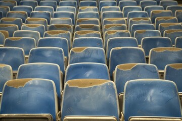 Obraz premium Empty snow-covered stands of the stadium. Beautiful simple AI generated image in 4K, unique.
