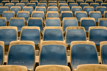 Fototapeta premium Close-up taken of empty blue stadium seats with no people around. Beautiful simple AI generated image in 4K, unique.