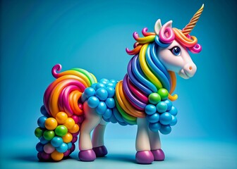 Fototapeta premium Vibrant balloon sculpture of a majestic unicorn with twisted colorful horns, flowing mane, and sparkling eyes, set against a bright blue background.