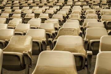 Naklejka premium Empty stands and seats for fans and fans in the open-air stadium. Lack of fans during the pandemic.. Beautiful simple AI generated image in 4K, unique.