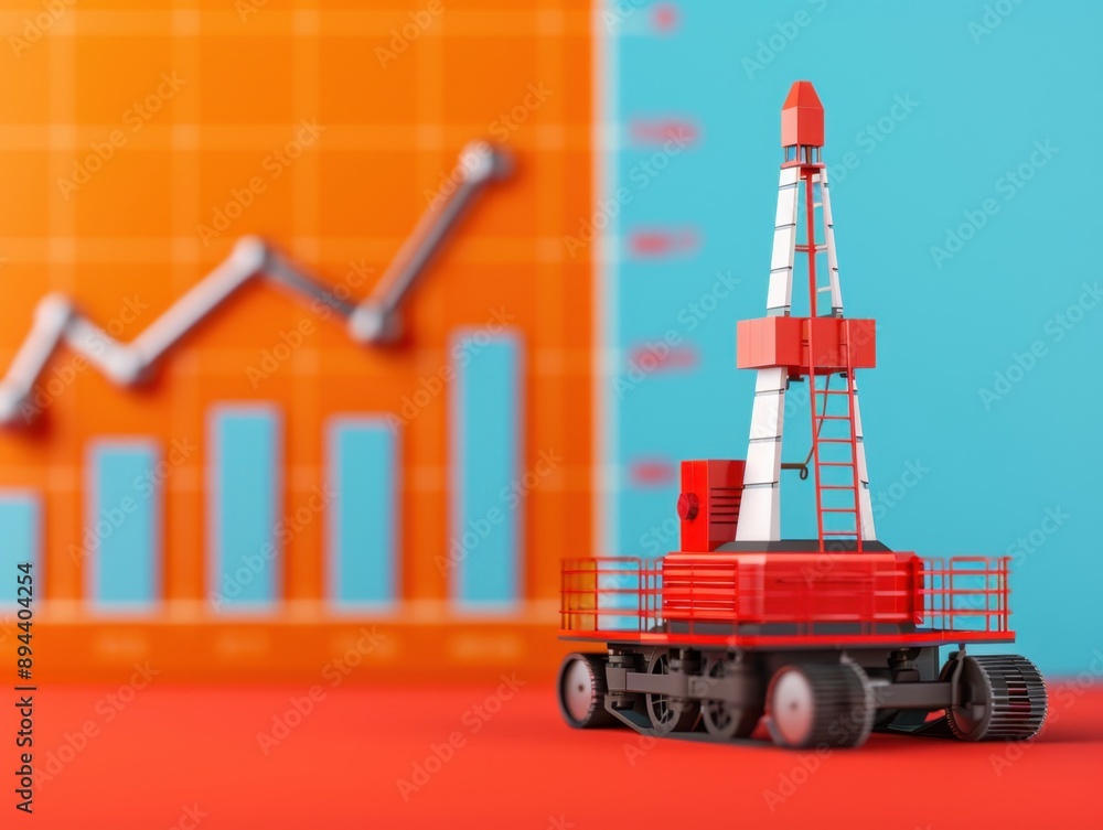 Poster Oil drilling platform with rising price graph, showcasing crude rate increase and resource management, ample copy space for informative text, comprehensive focus throughout the scene