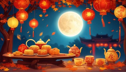 Illustration on the theme of Mid-Autumn Festival, Chinese Moon Festival, Zhongqiu