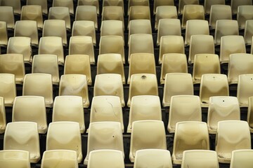 Naklejka premium Empty snow-covered stands of the stadium. Beautiful simple AI generated image in 4K, unique.