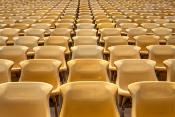 Obraz premium Close-up taken of empty blue stadium seats with no people around. Beautiful simple AI generated image in 4K, unique.