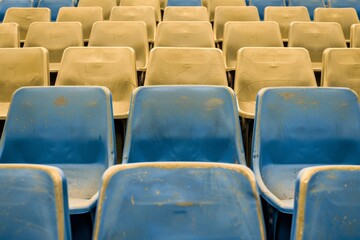 Fototapeta premium Empty stands and seats for fans and fans in the open-air stadium. Lack of fans during the pandemic.. Beautiful simple AI generated image in 4K, unique.
