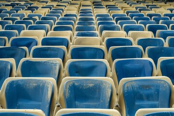 Naklejka premium Empty stands and seats for fans and fans in the open-air stadium. Lack of fans during the pandemic.. Beautiful simple AI generated image in 4K, unique.