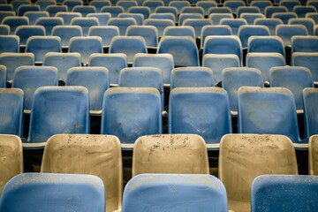 Close-up taken of empty blue stadium seats with no people around. Beautiful simple AI generated image in 4K, unique.