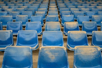 Naklejka premium Empty stands and seats for fans and fans in the open-air stadium. Lack of fans during the pandemic.. Beautiful simple AI generated image in 4K, unique.