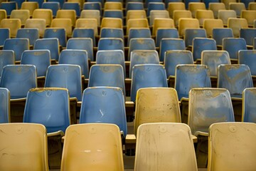 Naklejka premium Empty stands and seats for fans and fans in the open-air stadium. Lack of fans during the pandemic.. Beautiful simple AI generated image in 4K, unique.