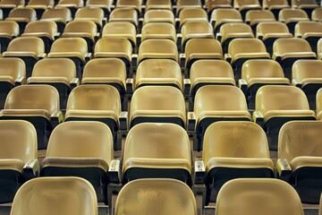 Naklejka premium Empty stands and seats for fans and fans in the open-air stadium. Lack of fans during the pandemic.. Beautiful simple AI generated image in 4K, unique.