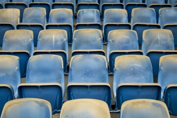 Naklejka premium Empty snow-covered stands of the stadium. Beautiful simple AI generated image in 4K, unique.