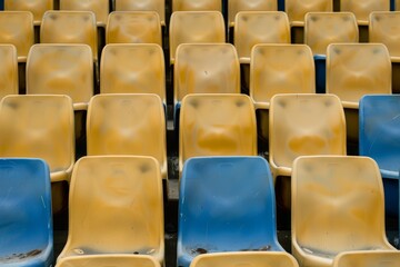 Fototapeta premium Close-up taken of empty blue stadium seats with no people around. Beautiful simple AI generated image in 4K, unique.