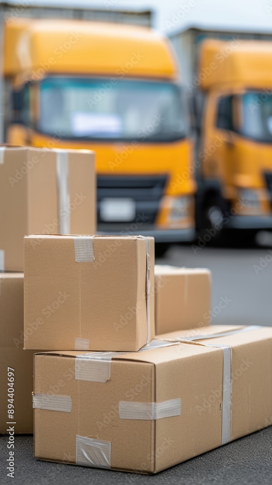 Poster logistics operation, neatly arranged dispatch packages with vehicles in background, organized settin