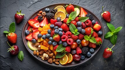 Vibrant arrangement of fresh berries, sliced fruits, and crunchy nuts on a black plate against a dark gray background.