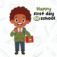 Smiling school kid. Boy with book and backpack going to school first time