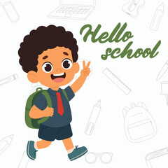 Jumping smiling preschool kid going to school. Pupil boy with backpack