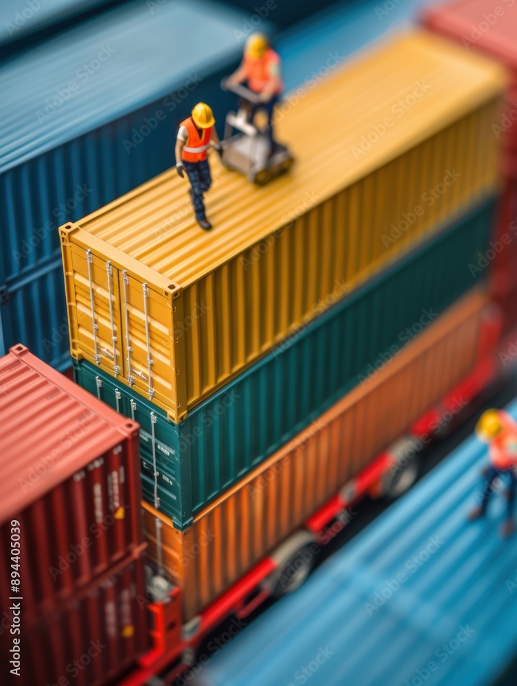 Poster port workers engaging in synchronized teamwork, loading containers onto a truck with precision, show