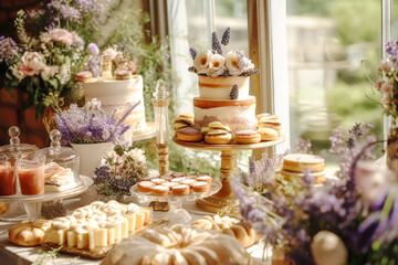 Naklejka premium Dessert buffet table, food catering for wedding, party holiday celebration, lavender decor, cakes and desserts in a country garden, post-processed, generative ai
