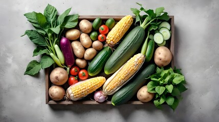 Autumn harvest. Vegetables - potato,cucumber, corn, greenery - frame on light stone background top-down copy space