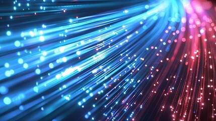Abstract Fiber Optic Light Strands in Blue and Pink, Dynamic High-Tech Visual Representation, Futuristic Data Transmission Concept, Vibrant and Glowing Technology Background, Advanced Networking