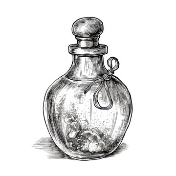 recommend clip art: Black and white Vintage engraved art of a potion bottle, isolated on white background, ink sketch illustration, simple vector art design, highly detailed line art, high contrasty 