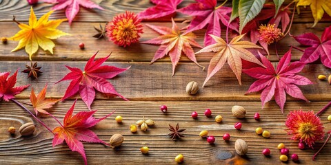 Vibrant autumnal background featuring a mix of crimson and golden maple leaves, delicate seeds, and soft pink flowers scattered on a natural wooden surface.