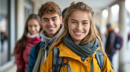 Obraz premium A group of people standing in a line smiling and laughing, AI