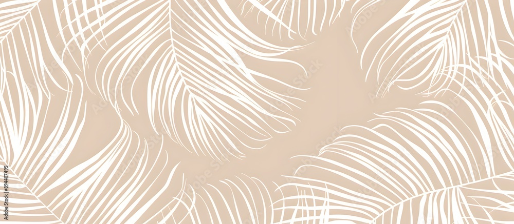 Poster a seamless pattern with delicate white lines, creating an elegant outline of palm leaves on a pale b