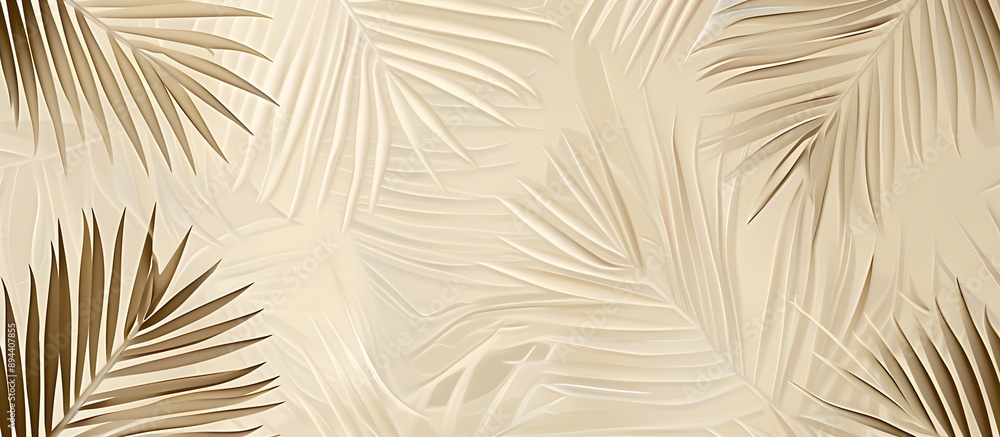 Poster a seamless pattern with delicate white lines, creating an elegant outline of palm leaves on a pale b