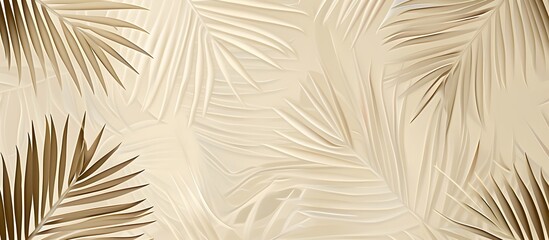 A seamless pattern with delicate white lines, creating an elegant outline of palm leaves on a pale beige background. Their gentle curves add movement and fluidity to the design. Artwork, a digital ill