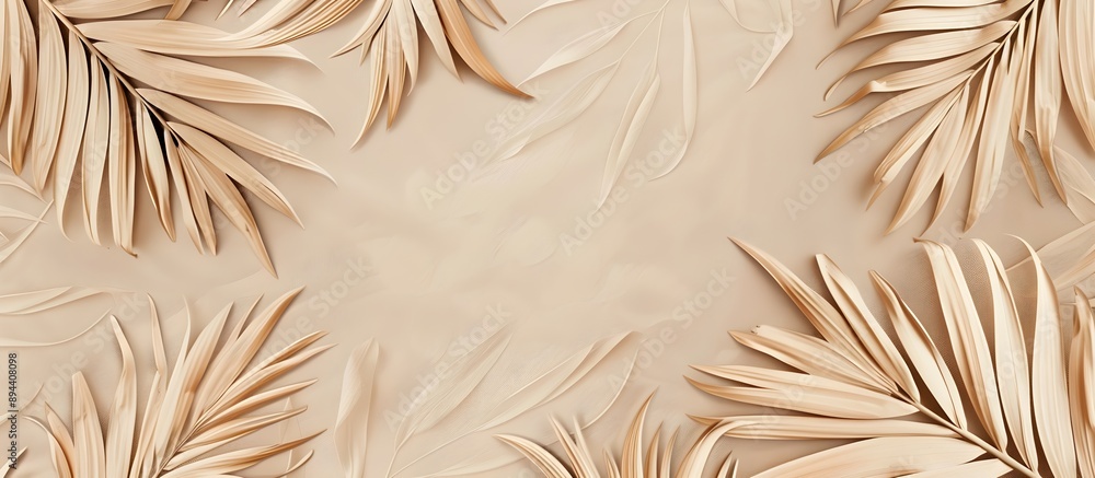 Poster a seamless pattern with delicate white lines, creating an elegant outline of palm leaves on a pale b