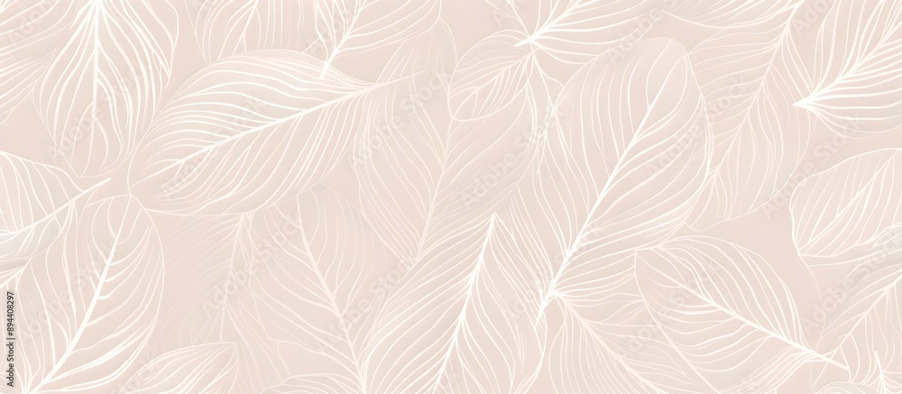 Poster a seamless pattern with delicate white lines, creating an elegant outline of palm leaves on a pale b
