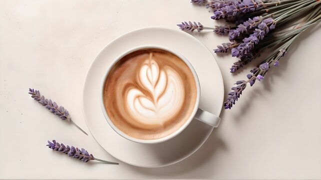 Cup of coffee cappuccino, latte and dry lavender flowers on white table background. Cozy beige autumn, fall aesthetic. Top view, flat lay, copy space. Weekend morning coffee. Minimalistic still life