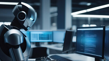 Fototapeta premium AI Robot Operating Desktop in Workplace for Task Replacement