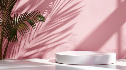 Fototapeta premium Elegant backdrop for showcasing cosmetics: luxury podium with tropical palm shadows, pink wall, and white surface.